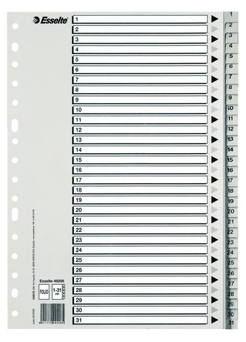 ESSELTE - INDICE PP NUMERICO A4 pestañas 1-31 11 taladros GRIS con IND.B/N (Ref.49210)