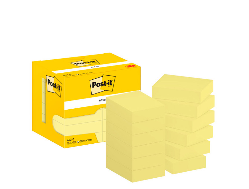 POST-IT - Block 100 Notas Adhesivas - 38x51mm - Amarillo - Paquete 12u. (Ref.FT510058488-7100290163)