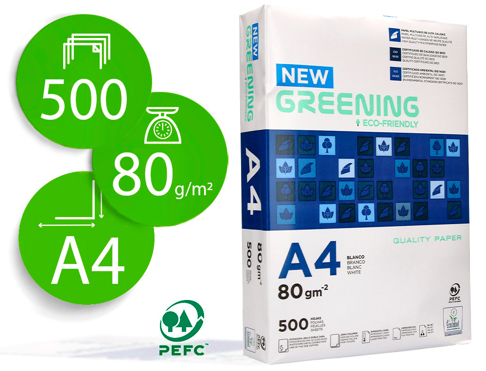 GREENING - PAPEL MULTIFUNCION - A4 - 80g - Blancura CIE 146 - Paquete 500h (Ref.FT01)