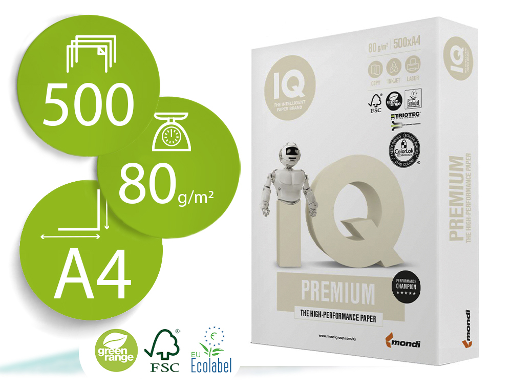 IQ - PAPEL IQ PREMIUM A4 - 80g - Paquete 500h (Ref.IP8030)