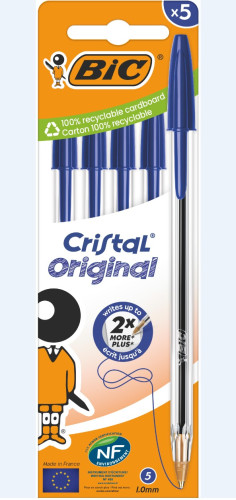 BIC - Blister 5 bolígrafos Cristal azules. Trazo 0,4mm. (Ref.802052)
