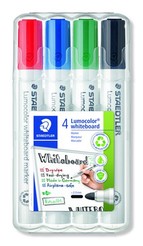 STAEDTLER - Marcador pizarra blanca Estuche 4ud Trazo 2 mm Punta conica Borrado en seco (Ref.351WP4)