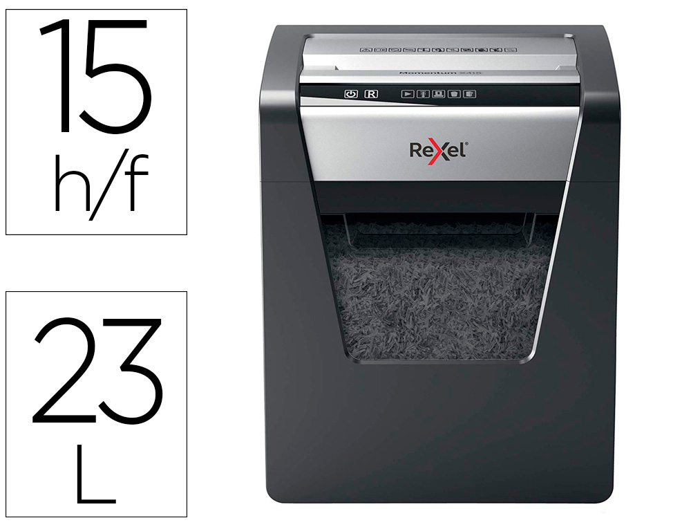 REXEL - DESTRUCTORA DE DOCUMENTOS MOMENTUM X415 CAPACIDAD DE CORTE 15 HOJAS DESTRUYE GRAPAS Y CLIPS PAPELERA 23 L (Ref.2104576EU)