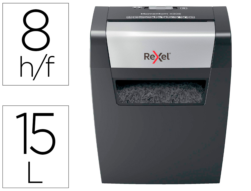REXEL - Destructora de documentos momentum x308 capacidad de corte 8 hojas destruye grapas y clips 15 litros (Ref. 2104570EU)