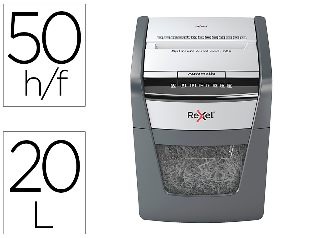 REXEL - Destructora de documentos optimum autofeed+ 50x eu capacidad de corte 50 hojas destruye grapas y clips (Ref. 2020050XEU)