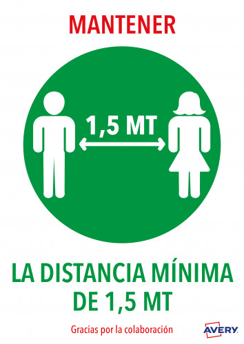 AVERY - Señal adhesiva mantener distancia minina de 1,5 mt din A4 resistente a los rayos uv pack de 2 unidades (Ref. AV_KITCOVID4_ES)