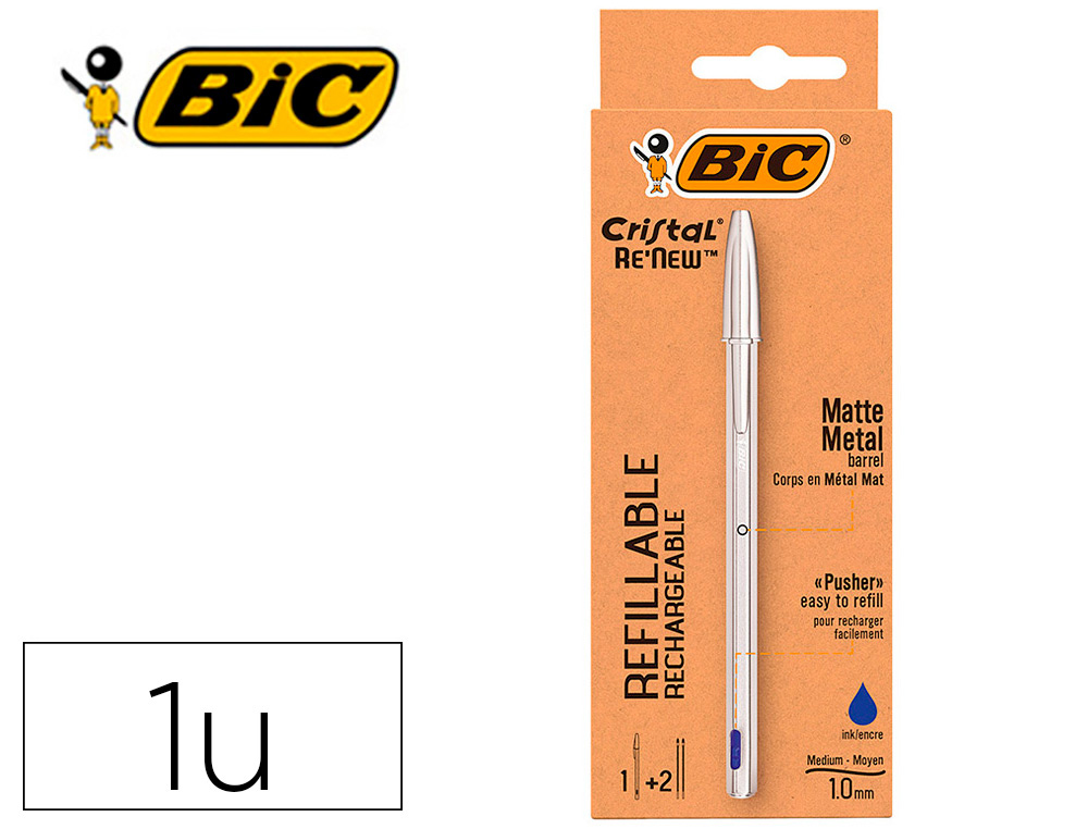 BIC - Boligrafo cristal renew tinta azul con cuerpo en aluminio mate mas 2 recambios en caja carton (Ref. 997202)