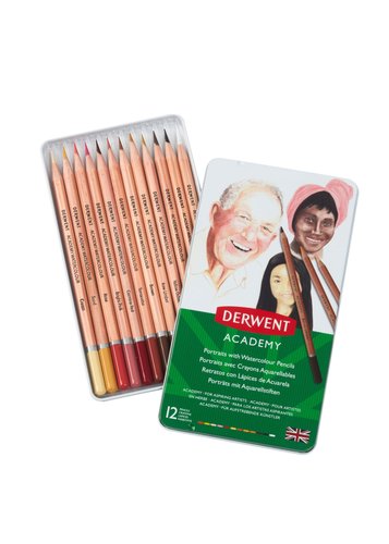 DERWENT - ACADEMY LÁPICES DE COLORES ACUARELABLES SURTIDOS TONOS DE PIEL EN CAJA METÁLICA DE 12UD (Ref.2300386)