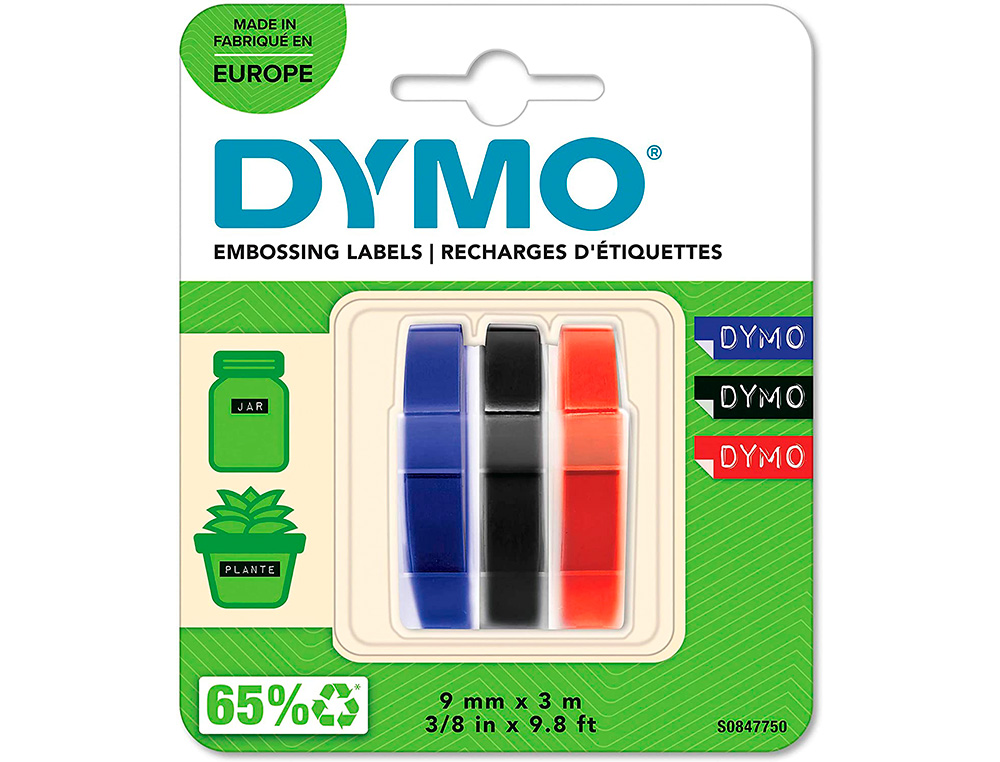 DYMO - CINTA TRADICIONAL 84775, 9MMX3M NEGRO AZUL ROJO, BLISTER 3 UNIDADES (Ref.S0847750)