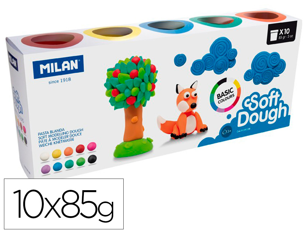 MILAN - Pasta para modelar soft dough basic caja de 10 botes colores surtidos 85 g (Ref. 913510B)