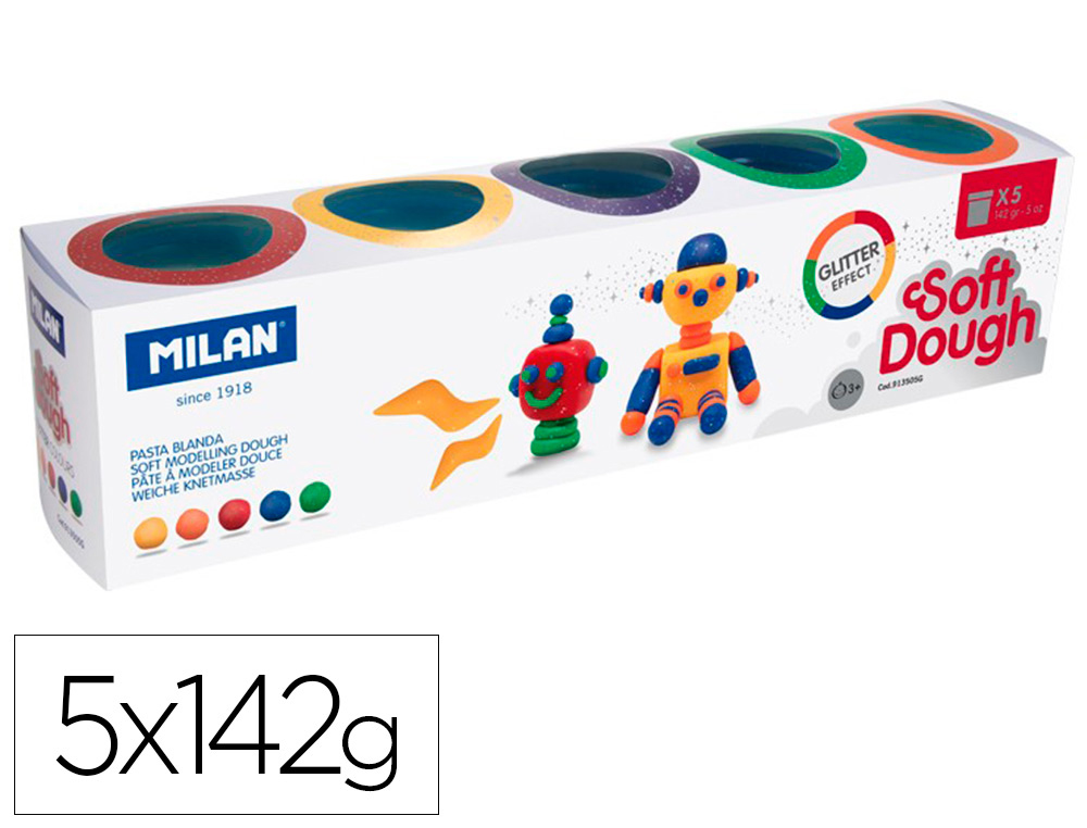 MILAN - Pasta para modelar soft dough glitter caja de 5 botes colores surtidos 142 g (Ref. 913505G)