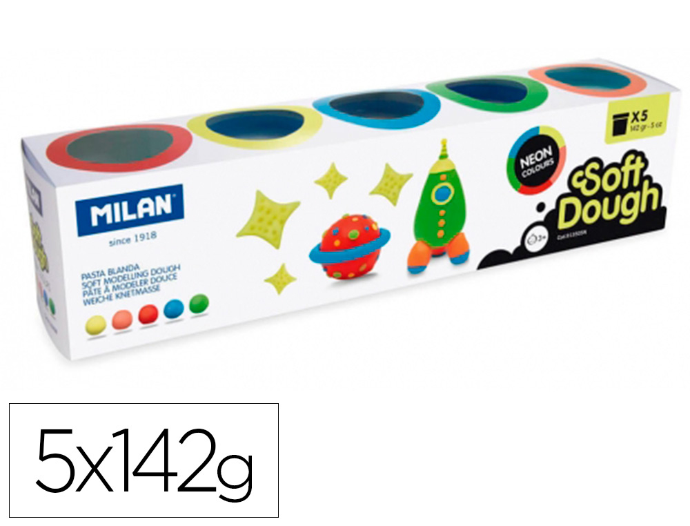 MILAN - Pasta para modelar soft dough neon caja de 5 botes colores surtidos 142 g (Ref. 913505N)