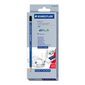 STAEDTLER - SET DE DIBUJO - 6 LÁPICES MARS LUMOGRAPH 100 GRAD. SURTIDAS + GOMA + Sacapuntas/Afilalapices METÁLICO - (Ref.61 100C 6)