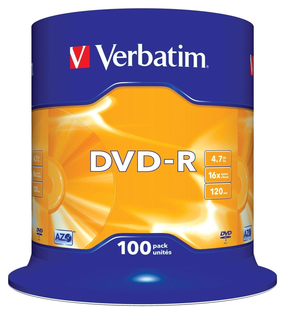 VERBATIM - DVD-R, 4.7GB, 16X, 100 PACK SPINDLE, SUPERFICIE MATT SILVER (Incluye Canon LPI de 21 €) (Ref.43549)