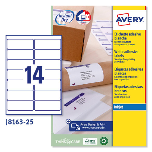 AVERY - Etiquetas inkjet Caja 25 hojas 99,1x38,1 Blancas (Ref.J8163-25)