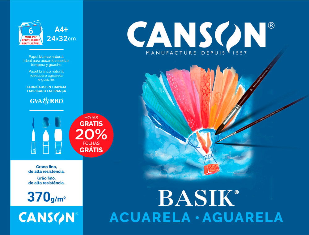 CANSON - Papel dibujo 6 Hojas 24x32 cm 370 Gr (Ref.200406347)