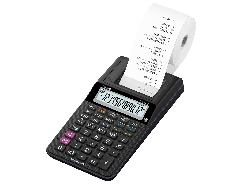 CASIO - Calculadora Impresora 12 Digitos HR-8RCE (Ref.HR-8RCE-BK-W-EC)
