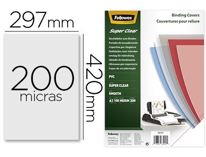 FELLOWES - Pack de 100 Portadas Pvc Transparente Cristal A3 200 Micras (Ref.53764)