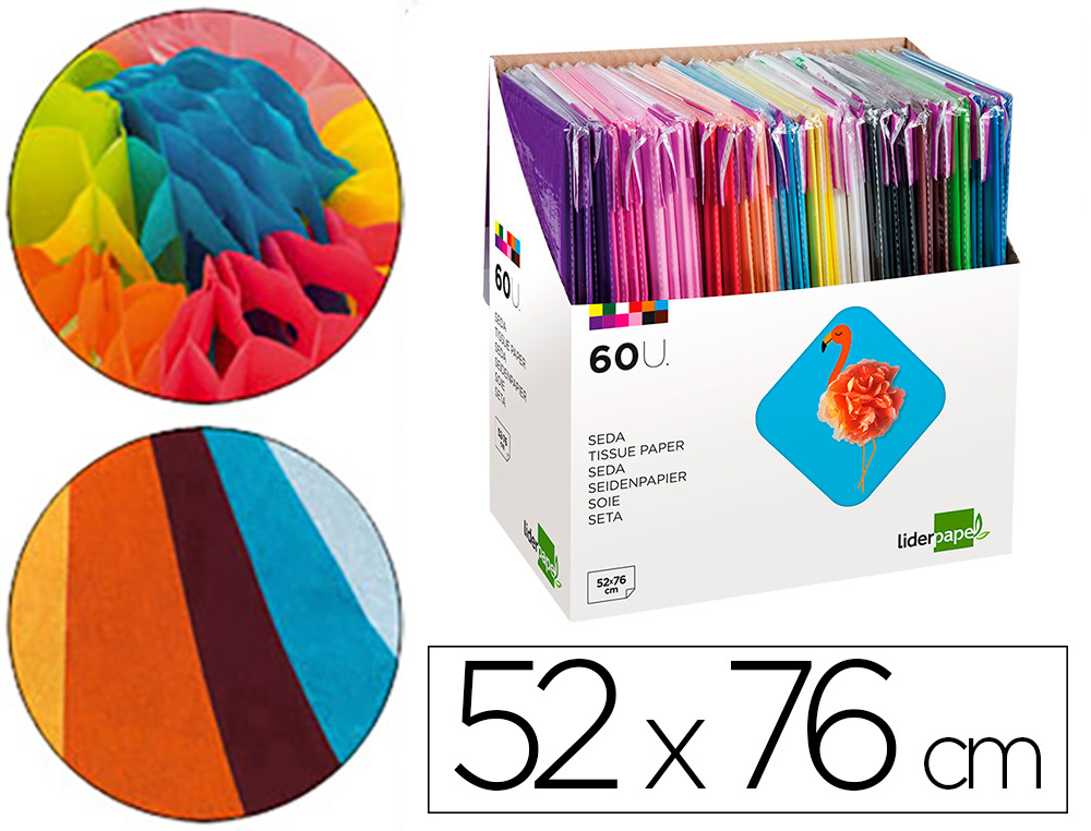LIDERPAPEL - PAPEL SEDA 52X76 CM EXPOSITOR 60 BOLSAS DE 5 HOJAS12 COLORES SURTIDOS (Ref.SE03)
