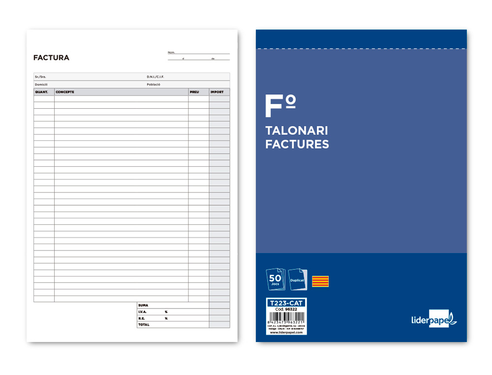 LIDERPAPEL - TALONARIO FACTURAS FOLIO ORIGINAL Y COPIA T223 CON I.V.A. TEXTO EN CATALAN (Ref.T223-CAT)