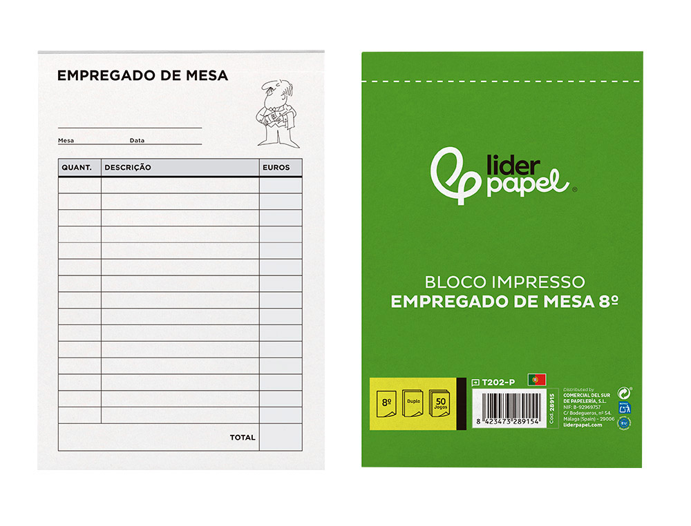 LIDERPAPEL - Talonario camarero octavo -sin iva- 202 duplicado-texto en portugues (Ref. T202-P)
