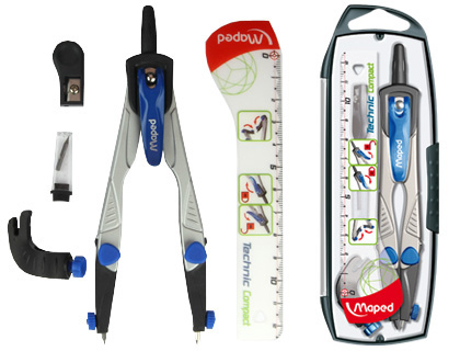 MAPED - Compases Technic Estuche 4 piezas:1 compas,1 abrazadera,1 afilaminas, 1 estuche minas (Ref.538700)