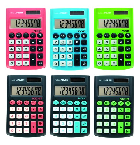 MILAN - CALCULADORA de BOLSILLO POCKET EXPOSITOR de 12 (Ref.159912)