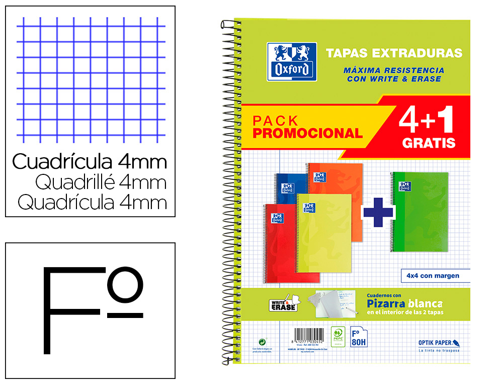 OXFORD - Cuaderno espiral tapa extradura folio 80 hojas cuadro 4 mm con pizarra blancapack 4+1 colores clasicos (Ref. 400122761)