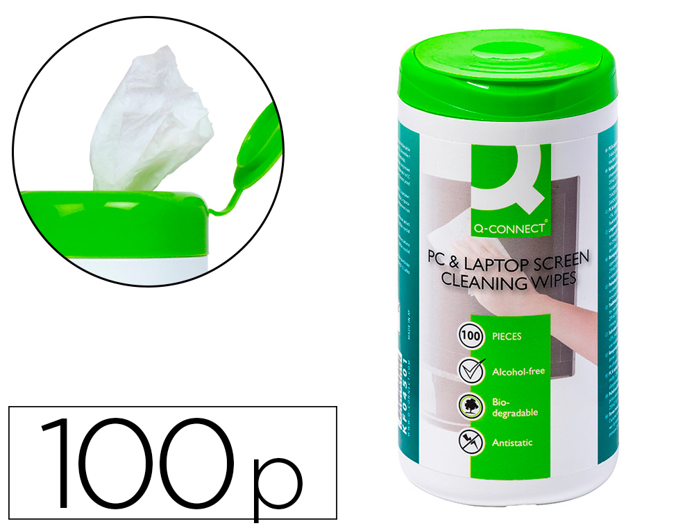 Q-CONNECT - TOALLITAS LIMPIADORA DE PANTALLAS Y TECLADOS EN BOTE DE 100 UNIDADES (Ref.KF04501)