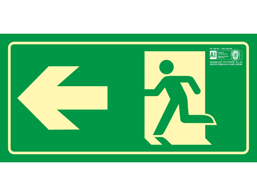 SYSSA - PICTOGRAMA SEÑAL DE SALIDA EMERGENCIA FLECHA IZQUIERDA EN PVC FOTOLUMINISCENTE 320X160 MM (Ref.9016F)