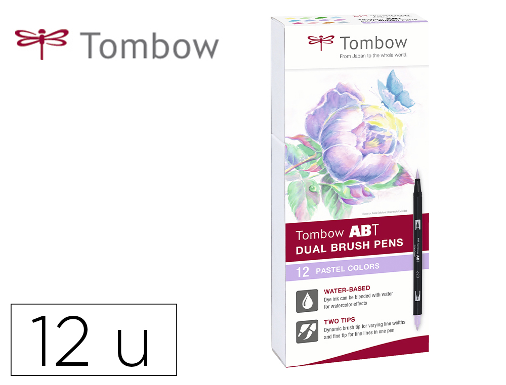 TOMBOW - Estuche 12 rotuladores Dual Brush doble punta pincel. Colores pastel. (Ref.ABT-12P-2)