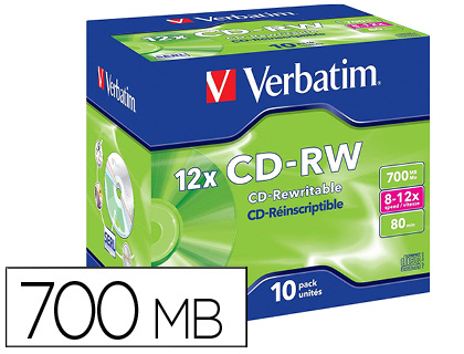 VERBATIM - Cd-Rw Datalife Caja 10 ud 700MB 8X - 12X (CANON L.P.I. 1€ Incluido) (Ref.43148)