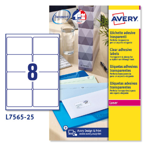 AVERY - Etiquetas laser QuickPEEL Caja 25 hojas 200 ud 99,1x67,7 Transparentes (Ref.L7565-25)