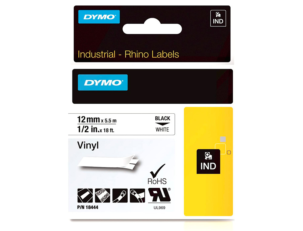 DYMO - Cintas rotulacion RHINO 12 mm Negro/Blanco Vinilo (Ref.18444)
