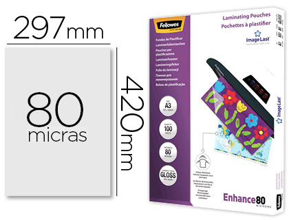 FELLOWES - Pack 100 FUNDAS PLASTIFICAR 80 MIC. BRILLO A3 (303X426 MM) (Ref.5306207)