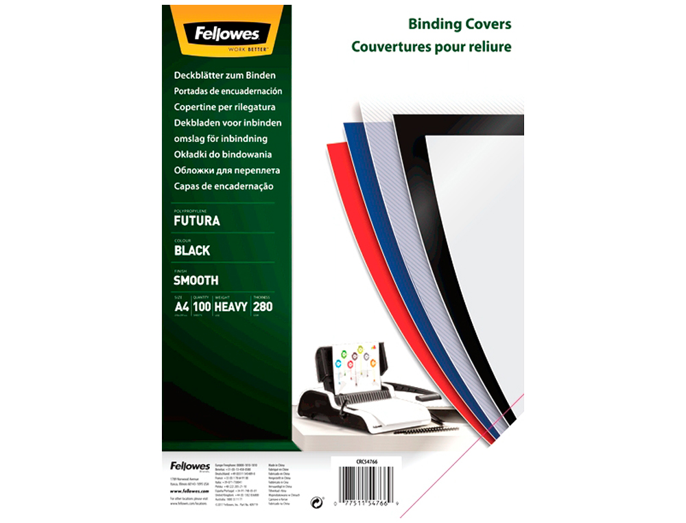 FELLOWES - Pack DE 100 PORTADAS PP NEGRO A4 280 MICRAS (Ref.5476602)