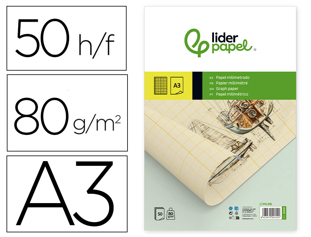 LIDERPAPEL - BLOC PAPEL MILIMETRADO ENCOLADO 297X420MM 50 HOJAS 80G/M2 (Ref.ML98)
