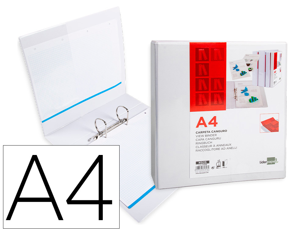 LIDERPAPEL - CARPETA CANGURO 2 ANILLAS MIXTAS 55MM A4 PLASTICO BLANCA (Ref.KG25)