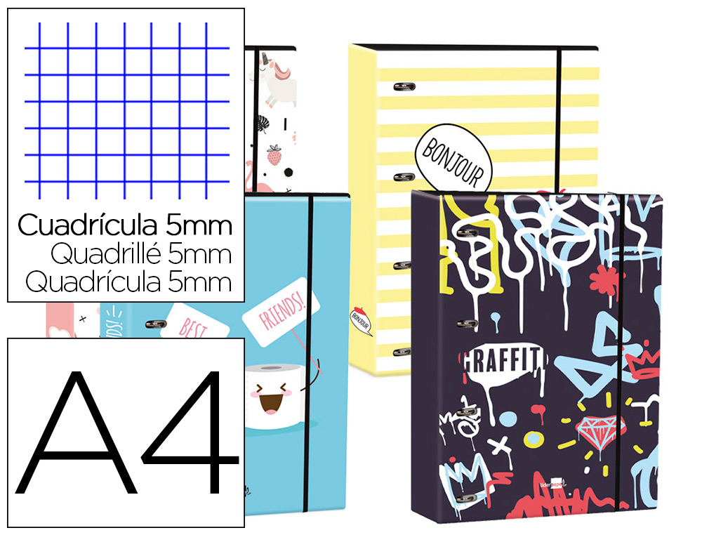 LIDERPAPEL - Carpeta din A4 forrada con recambio 120 hojas 80 gr 5 mm 4 an. redondas 40 mm cierre goma (Ref. 63807)