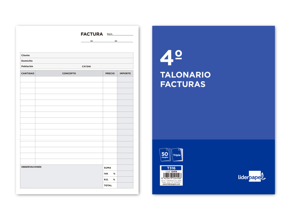 LIDERPAPEL - TALONARIO FACTURAS CUARTO ORIGINAL Y 2 COPIAS CON I.V.A. (Ref.T316)