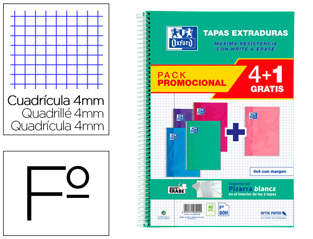 OXFORD - Cuaderno espiral tapa extradura folio 80 hojas cuadro 4 mm con pizarra blancapack 4+1 colores tendencia (Ref. 400122766)