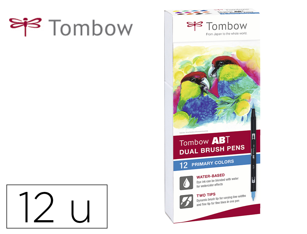TOMBOW - Estuche 12 rotuladores Dual Brush doble punta pincel. Colores primarios. (Ref.ABT-12P-1)