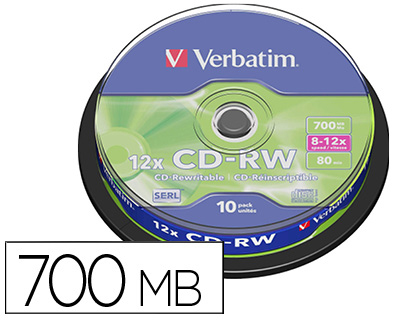VERBATIM - Cd-Rw Datalife Bobina 10 ud 8X - 12X 700Mb (CANON L.P.I. 1€ Incluido) (Ref.43480)