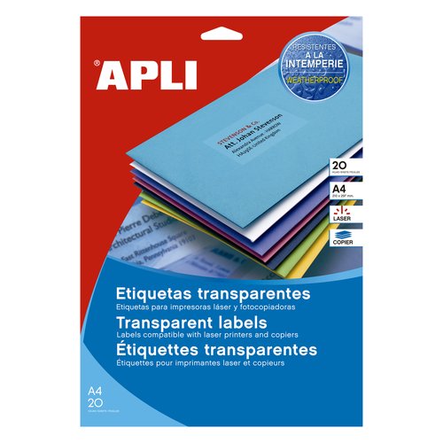 APLI - ETIQUETA ADHESIVA TRANSPARENTE 48,5X25,4 MM FOTOCOPIA LASER INKJET CAJA 20 HOJAS DIN A4 CON 880 (Ref.1223)