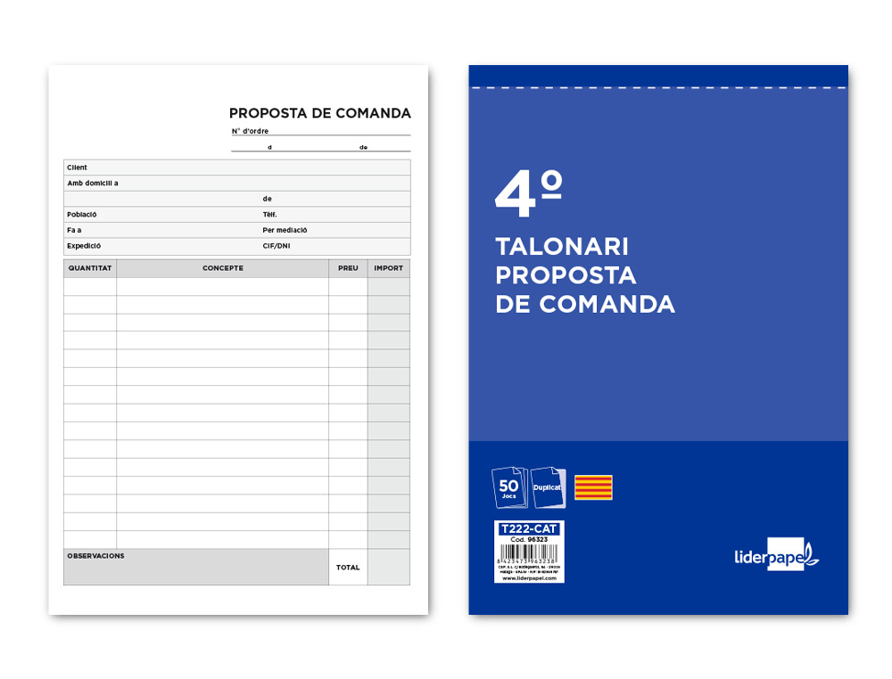 LIDERPAPEL - TALONARIO PEDIDOS CUARTO ORIGINAL Y COPIA T222 TEXTO EN CATALAN (Ref.T222-CAT)