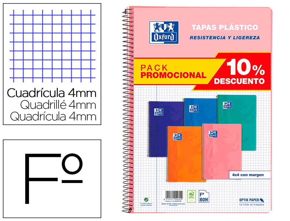 OXFORD - Cuaderno espiral tapa plastico folio 80 hojas cuadro 4 mm pack 5 unidades colores tendecias (Ref. 400091366)