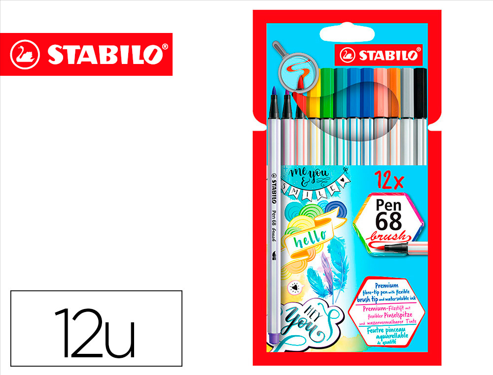 STABILO - Rotulador acuarelable pen 68 brush punta pincel estuche de 12 unidades colores surtidos (Ref. 568/12-21)