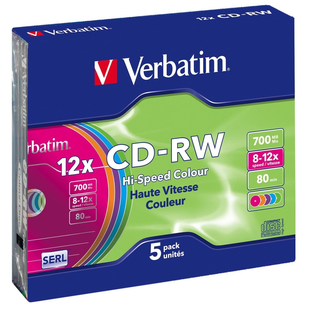 VERBATIM - CD-RW Hi-Speed Color slim pack 5 ud 12x 700MB 80min 5colores (CANON L.P.I. 0,5€ Incluido) (Ref.43167)