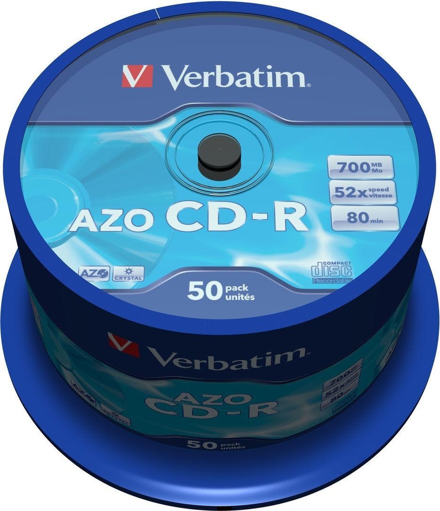 VERBATIM - Cd-R Azo Crystal Bobina 50 ud 700MB 52X 80min (CANON L.P.I. 4€ Incluido) (Ref.43343)