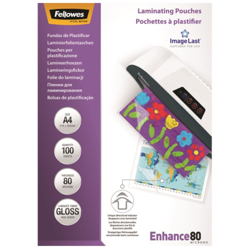 FELLOWES - Pack 100 FUNDAS PLASTIFICAR 80 MIC. BRILLO A4 (216X303 MM) (Ref.5306114)